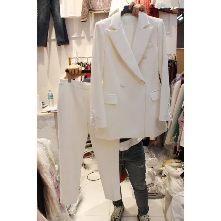 

2019 Women Temperament Nine Pants Suit 2 Piece Set 2019 Summer Autumn Blazer And Straight Trousers Loose Suit