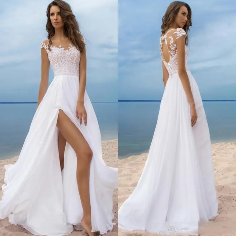 

Luxury Beach Boho Evening Dresses Short Sleeves Cheap Chiffon Long Bridal Gowns High Side Slit Backless robe de mariee Sheer Ne