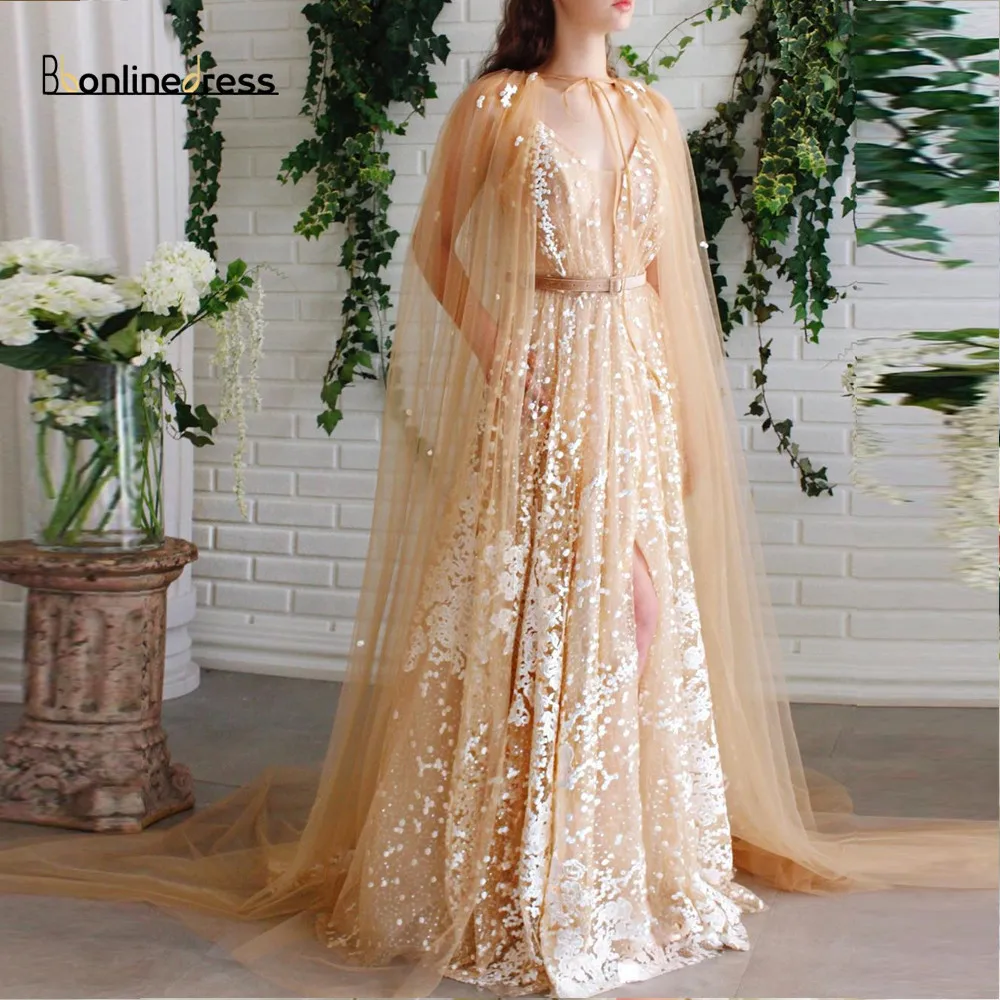 

Champagne Prom Dress With Jacket Lace Appliques Long Prom Dresses Spaghetti Strap Split A-Line Formal Party Gowns robe-de-soiree