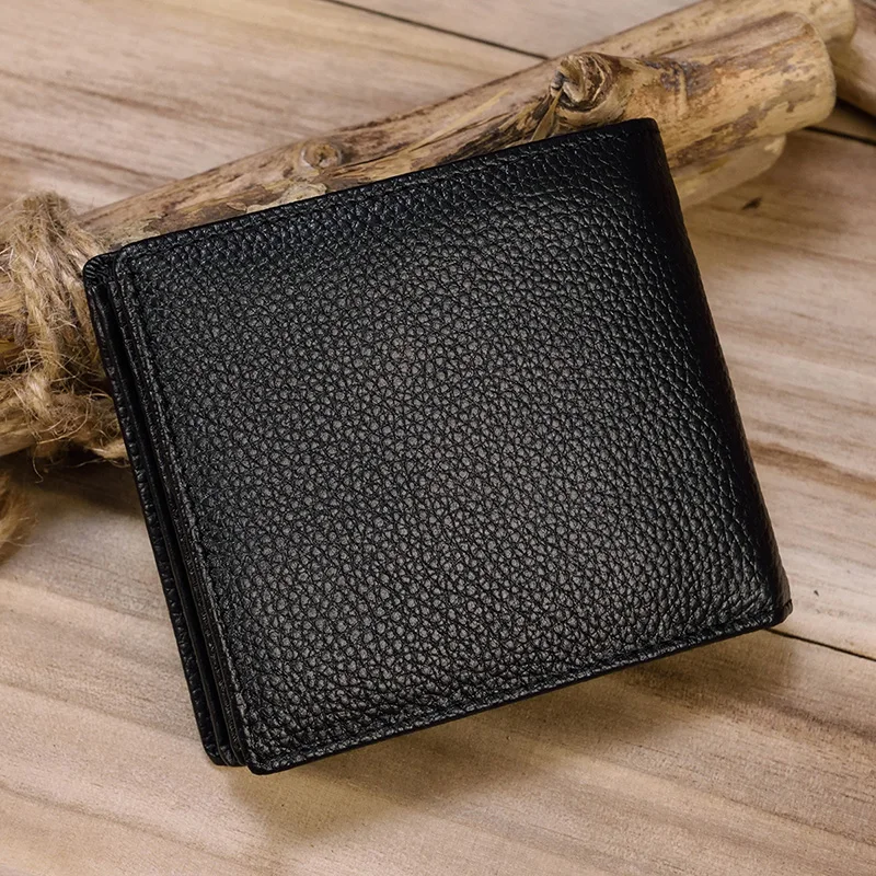 Soft Genuine Leather Purse For Man Women Fashion Small Cowhide Short Wallet Money Bag Credit Card Pockets Clutch Wallet Black 2