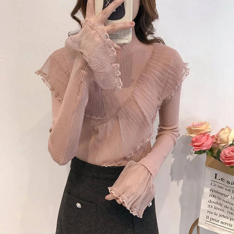 

Lace stitching lotus leaf sweater women 2021 autumn and winter new high-neck slim knit bottoming shirt women top