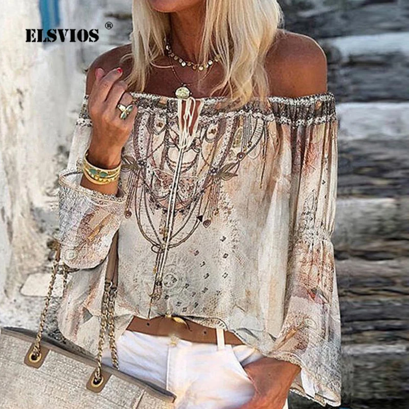 

Summer Off Shoulder Floral Print Blouse Shirts Women Elegant Lace-up Hollow Out Top Vintage Flare Sleeve Ladies Office Blouses