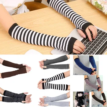 

Lady Stretchy Soft Knitted Wrist Arm Warmer Long Sleeve Fingerless Gloves Striped J9