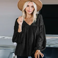 

Chiffon Jacquard T-shirts Spring Autumn Women V-Neck Lantern Sleeve Tops 2021 New Solid Colors Embroidery Casual Commute Tees