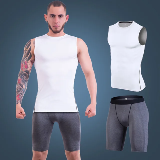 white grey Мужские Компрессионные спортивные жилетки+ шорты, комплекты из 2 предметов для бега, Быстросохнущий мужской спортивный костюм, спортивные костюмы, летняя спортивная одежда для фитнеса - Цвет: white grey