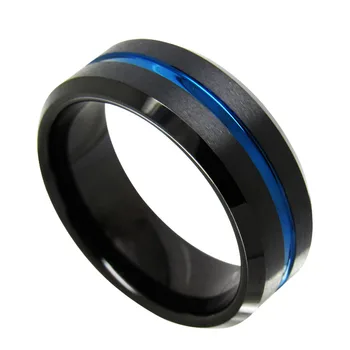 

New Arrival 8mm Width Black Tungsten Wedding Rings Band for Man Brushed & Step Finished Groove Blue Inlay Size 6-13 and Half