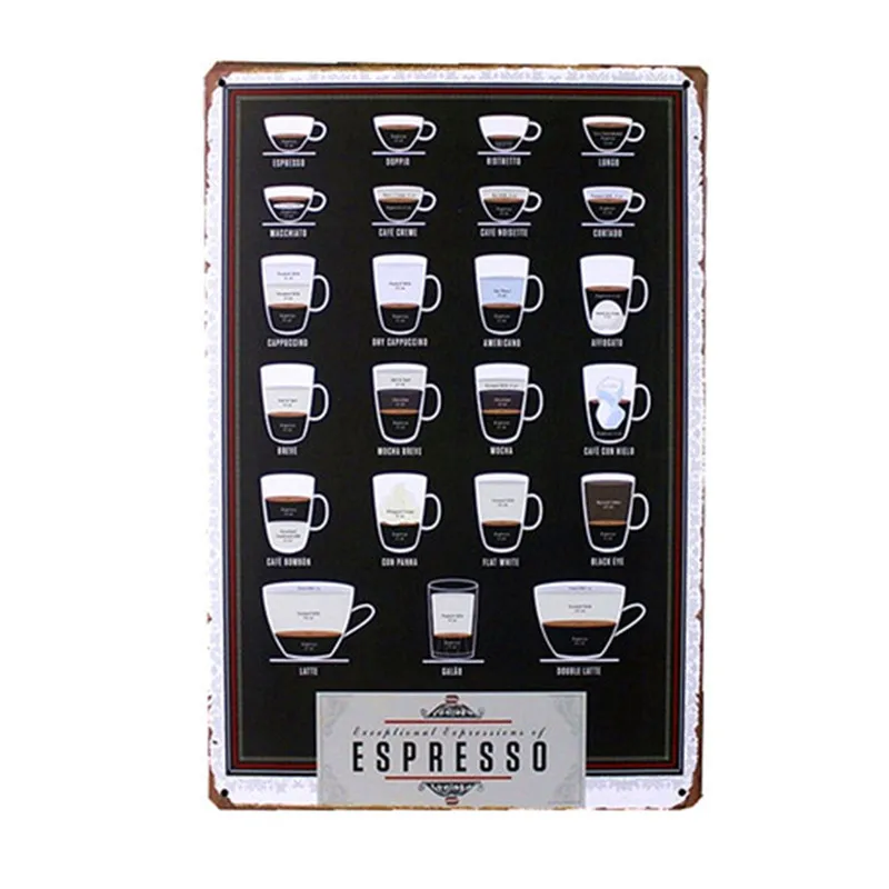 

Types Of Espresso's Cup Metal Tin Sign Bar Pub Wall Decor Poster