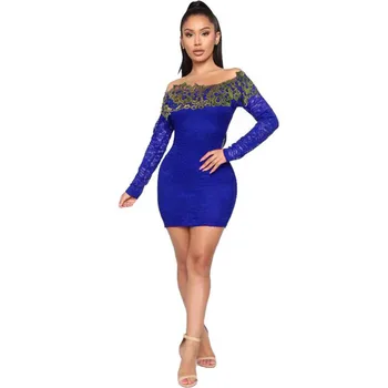 

Spot New Explosion Models Sexy Word Collar Strapless Long-Sleeved Lace Embroidered Leotard Dress Ladies Fashion Party Dress 2020