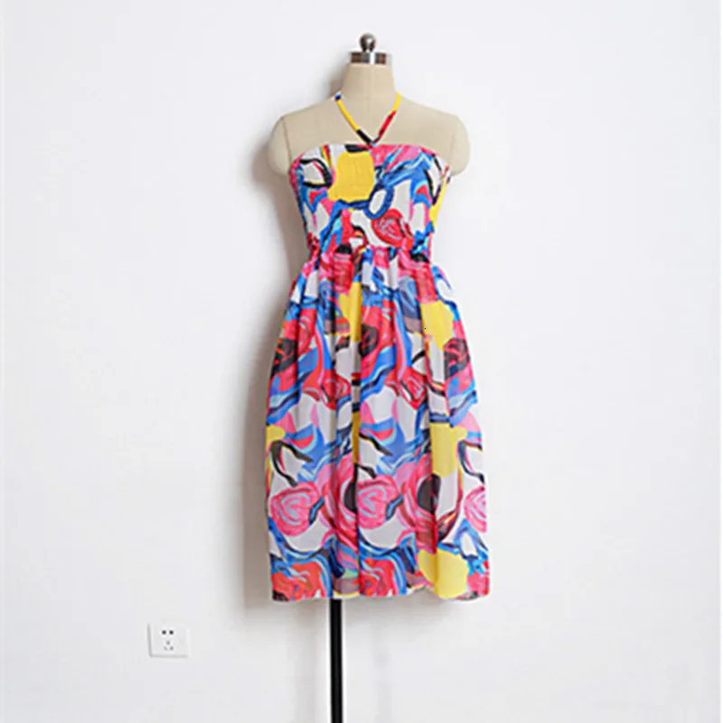 LOSSKY Women Sexy Beach Chiffon Midi Dress Strapless Halter Backless Midi Dress Summer Knee-Length Casual Ladies Fahion Dresses