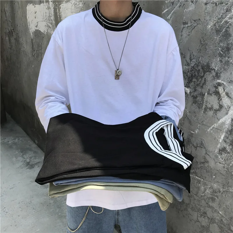long sleeve t shirt men Solid minimalist All-match camiseta hombre Chambray Round neck streetwear Loose Fitted Oversized Vogue