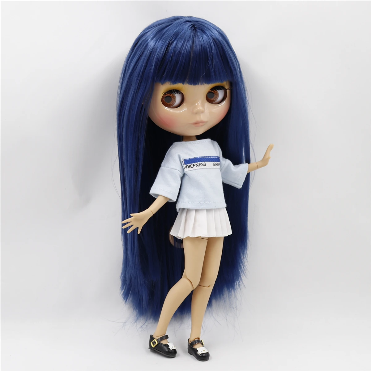 Neo Blythe Doll with Blue Hair, Tan Skin, Shiny Cute Face & Custom Jointed Body 2
