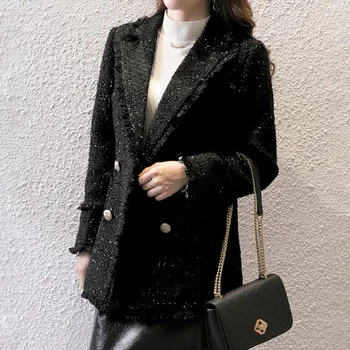 

Women Casual Blazer Black 2020 Autumn Winter Fashion Lurex Korean Vintage Outwear Mid-Length Slim Office Lady Fashion Blazers