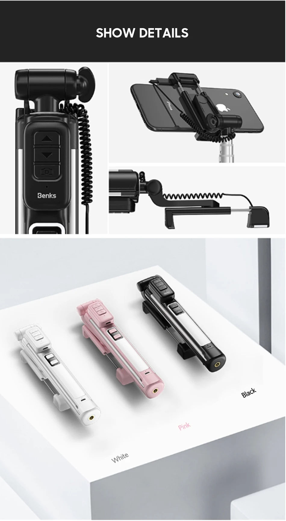 Benks New Wireless Bluetooth Selfie Stick Tripod Extendable With Shutter Button Remote Control Universal For iPhone 11 XR Xiaomi (17)