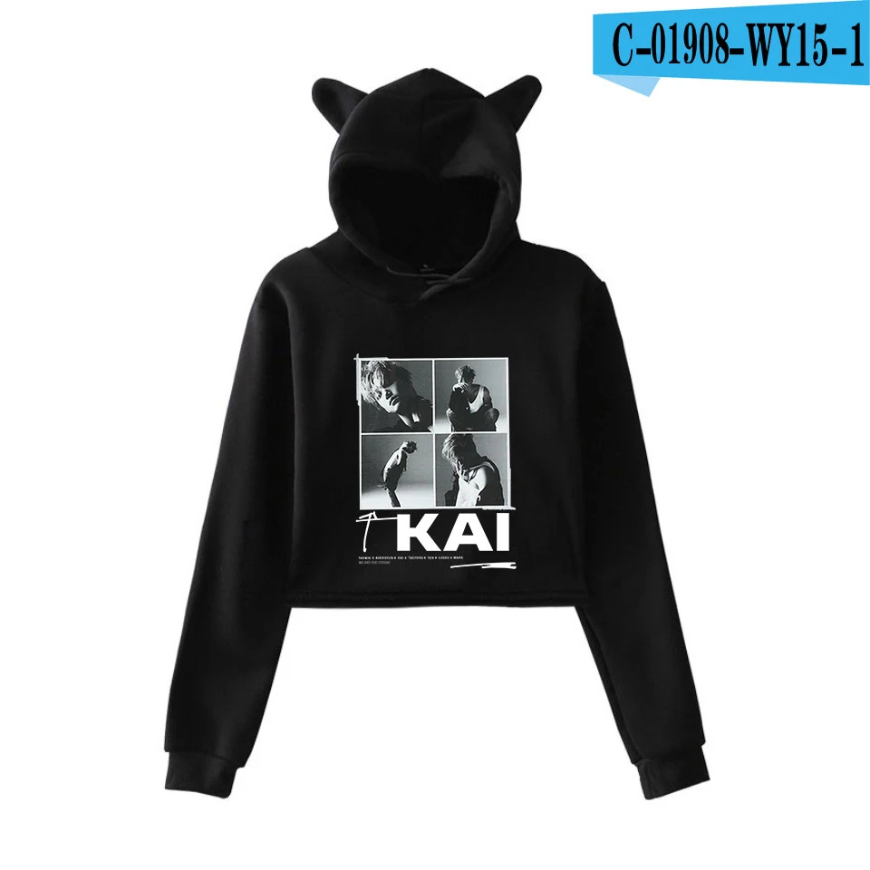 Суперм Мода Kpop укороченная Женская толстовка с длинным рукавом Ulzzang кошачьи уши толстовки Повседневная Уличная толстовка одежда - Цвет: black