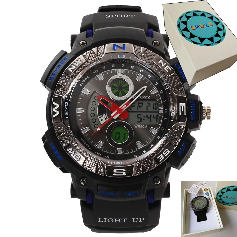 1311 blue with box Epozz Модные Аналоговые Цифровые мужские спортивные часы, мужские водонепроницаемые часы для плавания, 50 м, круглое пластиковое кольцо, уличные часы E1311 - Цвет: 1311 blue with box