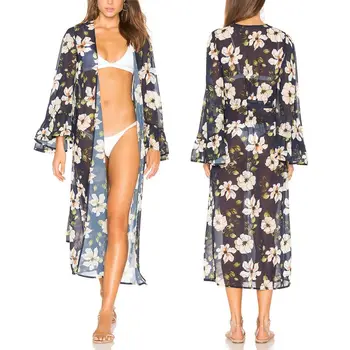 

Womens Chiffon Mid-Calf Maxi Length Open Front Cardigan Boho Colored Floral Printed Long Flare Sleeves Kimono Cardigan Waist Bel