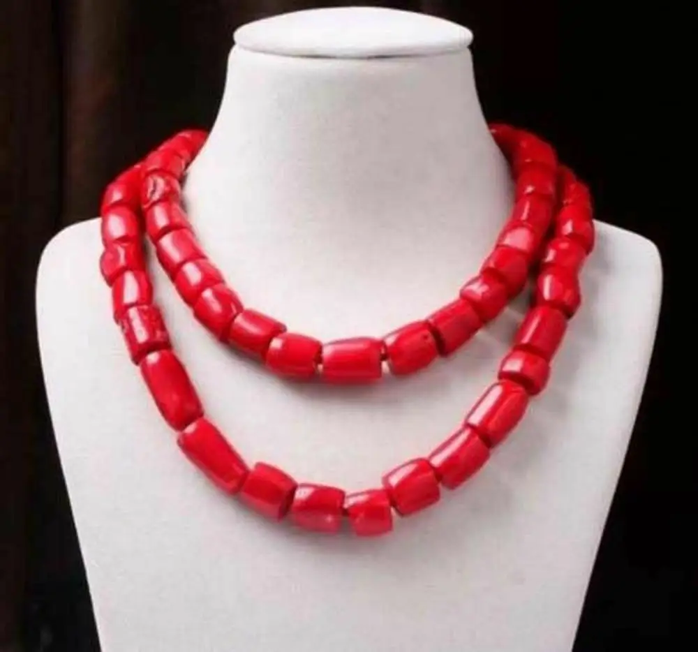 

Charm Red Cylinder Coral Bead Long Necklace GemstonesES Woman Jewelry 35"