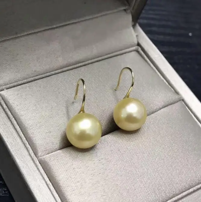 Великолепные 10-11 мм Южное море круглые серьги с золотым жемчугом 18k