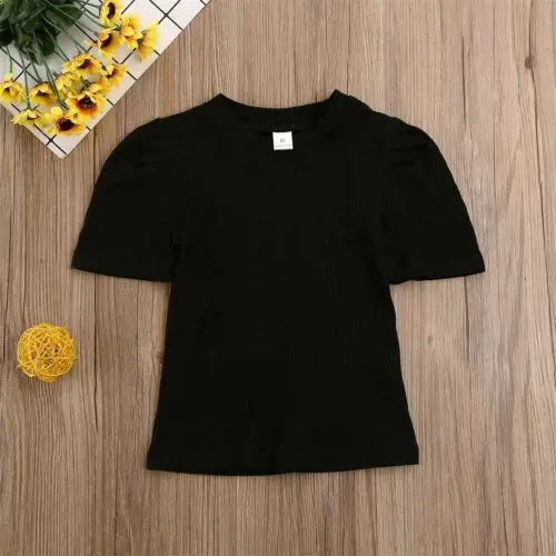 От 1 до 6 лет футболка с открытыми плечами для маленьких девочек трикотажный топ - Цвет: Черный