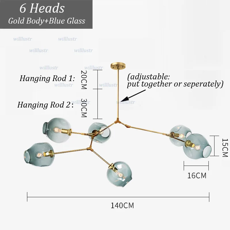 6 Heads Gold-Blue Творческий Стекло подвесной светильник утюг с регулируемой Форма отель Холл кафе Mall Lounge Обеденная Спальня Nordic Висячие Подвеска Свет - Цвет корпуса: 6 Heads Gold-Blue
