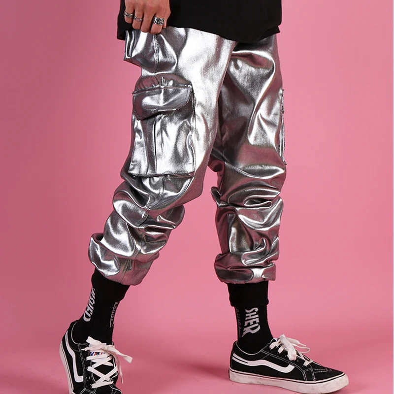 

Casual Leather Harem Male Streetwear Hip Hop Punk Silver Multi Pocket Cargo Trouser Stage Clothes DJ Singer Pant Men