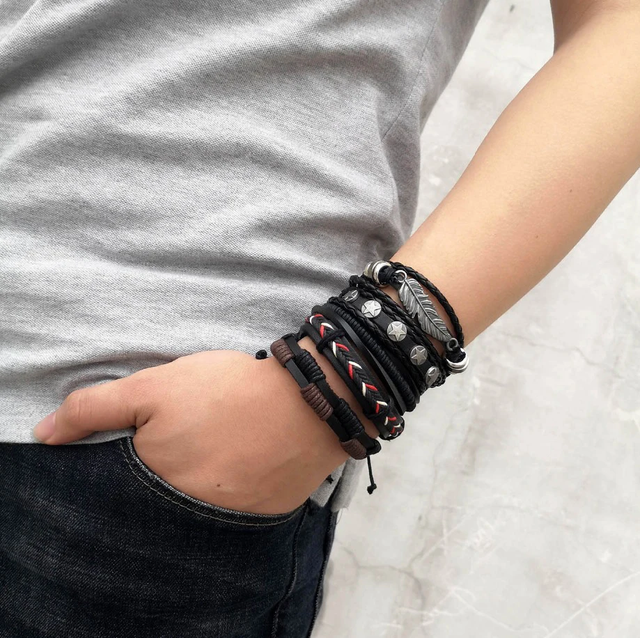 

5Pcs/ Set Braided Wrap Leather Bracelets Men Vintage Leaf Feather Rudder Charm Wood Beads Ethnic Tribal Wristbands Male Gifts
