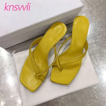 

Leather Flip Flops Kitten Heel Slippers Women Simplicity Runway Designer Shoes Woman Mules High Heels Split Toe Women Sandals