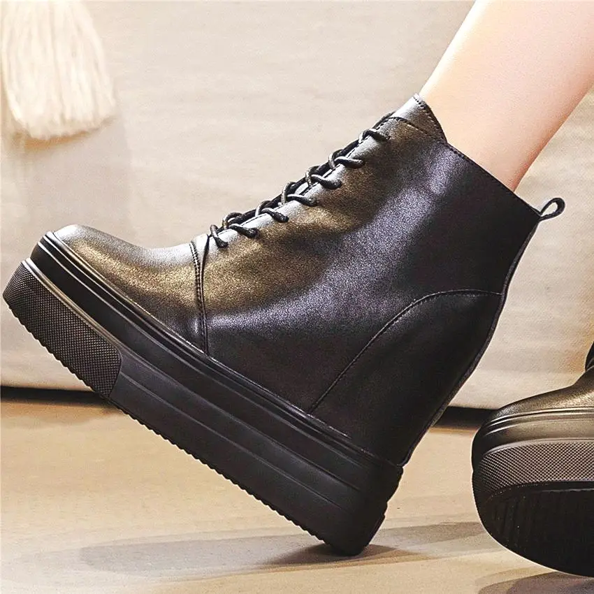 

Fashion Sneakers Women Black Cow Leather Ankle Boots Platform Wedge Lace Up High Heels Increasing Height Oxfords 34 -39