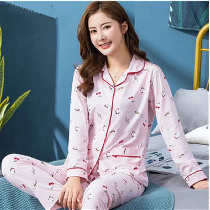 UHYTGF pajamas womens cotton long sleeve printing comfortable spring autumn nightie for women loose big size home clothes 1753