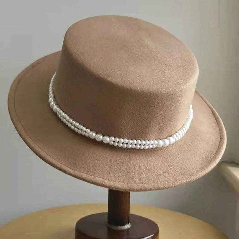 Women Wool Felt Boater Hat pearls 
