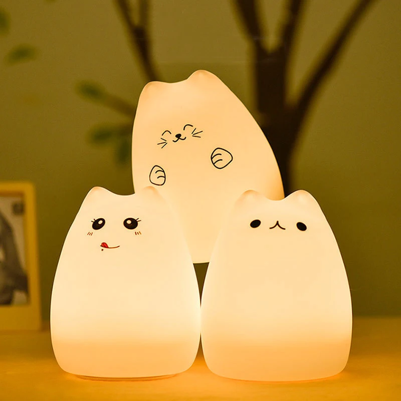 Cute LED Night Light Silicone Touch Sensor 7 Colors Cat Night Lamp Kids Baby Bedroom Desktop Decor Ornaments Battery/USB Charge-5