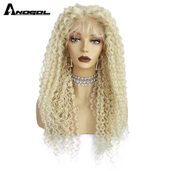 

ANOGOL Long Kinky Curly 613 Platinum Blonde Synthetic Lace Front Wigs with Baby Hair High Temperature Futura Fiber Wig for Women