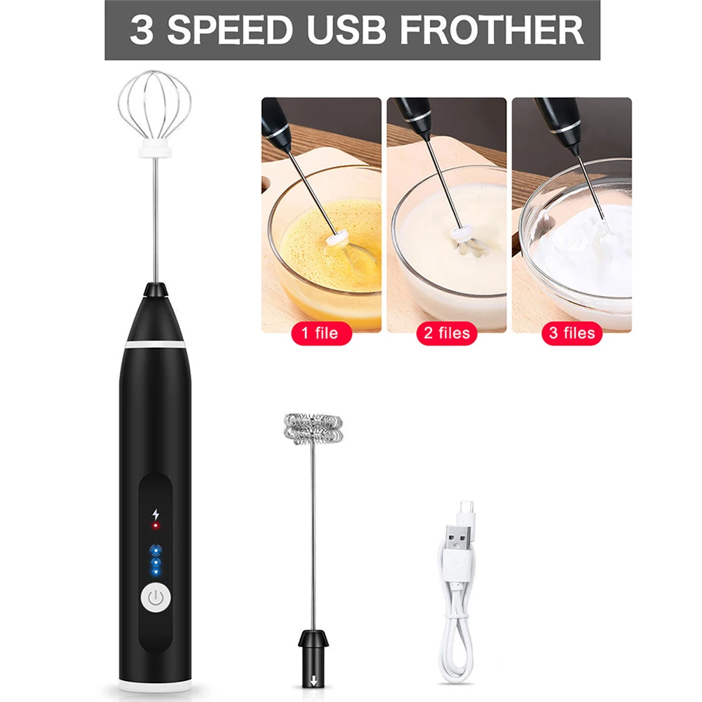 USB Rechargeable Handheld Food Blender Tools 3-Speeds Egg Beater Coffee Milk Drink Whisk Mixer Heads Eggbeater Frother