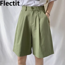 Fakuntn bermuda feminino shorts algodão cintura alta perna larga frente pregas plus size feminino estudante menina casual outfit