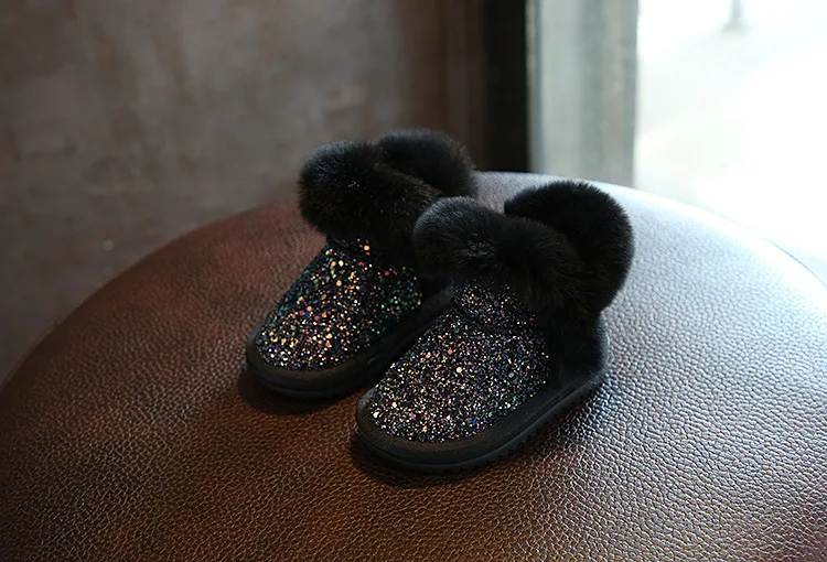 Детская зимняя женская обувь на кроличьем меху, ботинки-мартинсы, из хлопка для малышей Спортивная обувь с блестками, натуральная кожа сапоги "принцесса"