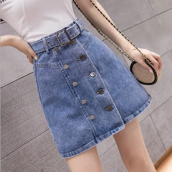 

Korean Fashion Denim Skirts Women Summer High Waist Streetwear mini Skirts Ladies Double-row buttons A-line Skirt jupe femme