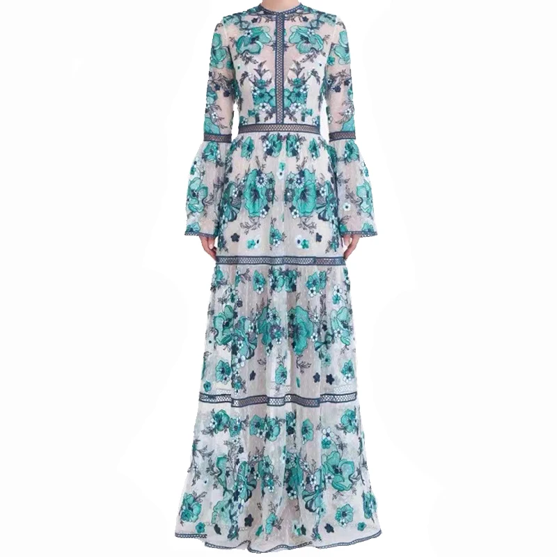 

Qian Han Zi designer fashion long dress Flared sleeves vintage Splicing Mesh amazing Embroidered Slim maxi dress women summer