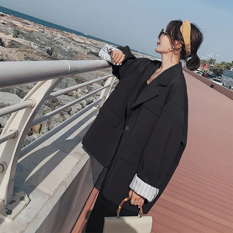 

Photo Shoot High Quality 2019 Spring Clothing New Style South Korea Elegant Ol Contrast Color Striped Sleeve Loose-Fit Suit Coat