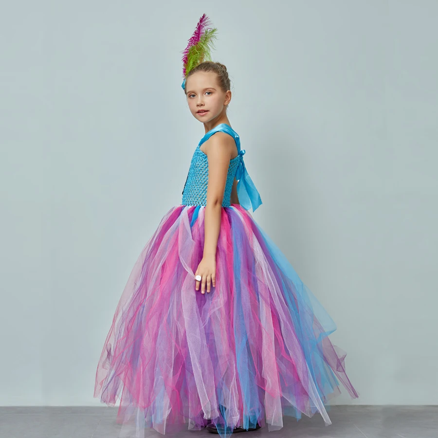 Fluffy Girls Blue Owl Gown Tutu Dress With Feather Hair Clip Children Birthday Party Pageant Animal Costume Kids Photo Dress (12)