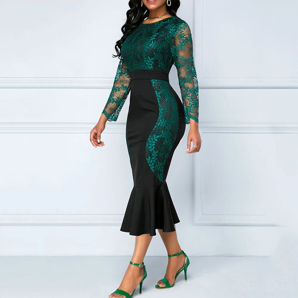 Женское платье миди в африканском стиле, элегантные вечерние платья-трубы черного и зеленого цвета, кружевные лоскутные платья в стиле русалки, женские летние платья