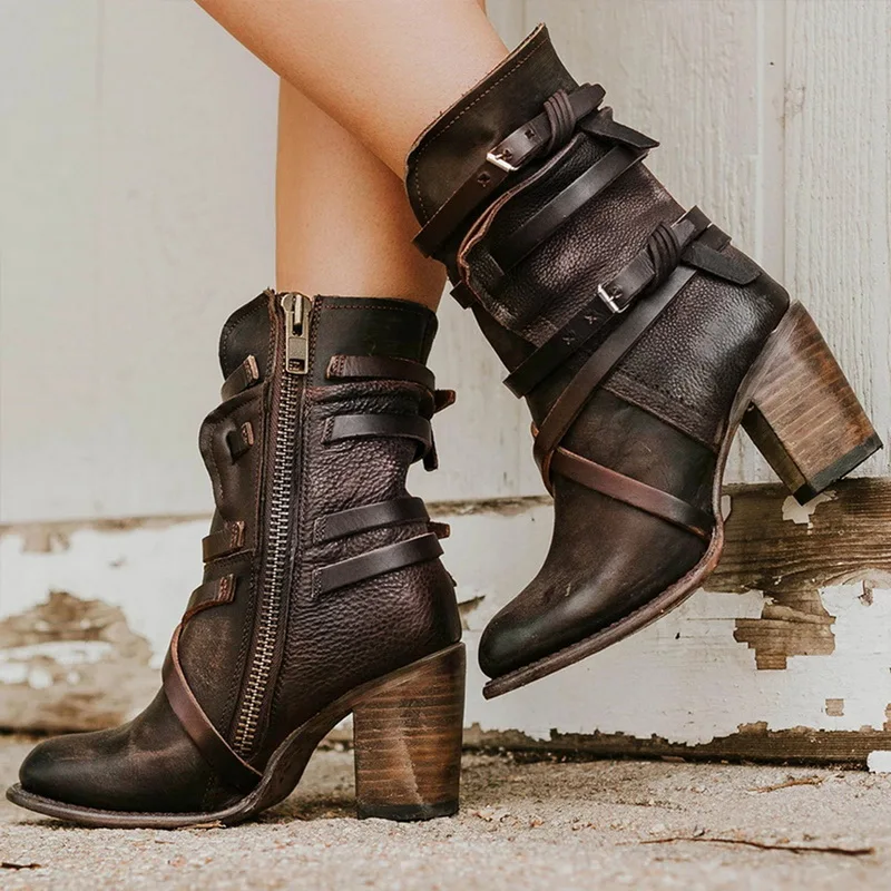 Coffee B LZJ/ г. Женские ботильоны на высоком квадратном каблуке, botas zapatos mujer, зимняя кожаная обувь в стиле ретро, ботинки в ковбойском стиле, большие размеры 35-43 - Color: Coffee B