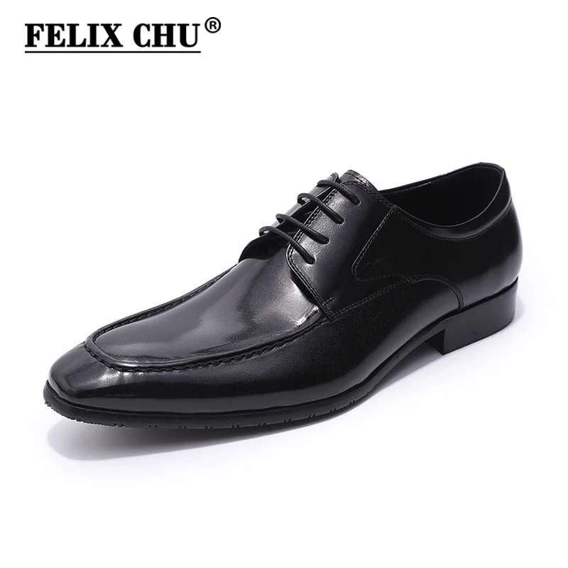 FELIX CHU/классический европейский стиль; мужские черные туфли в стиле Дерби из натуральной коровьей кожи на шнуровке; гладкие Мужские модельные туфли для офиса и бизнеса - Цвет: Black