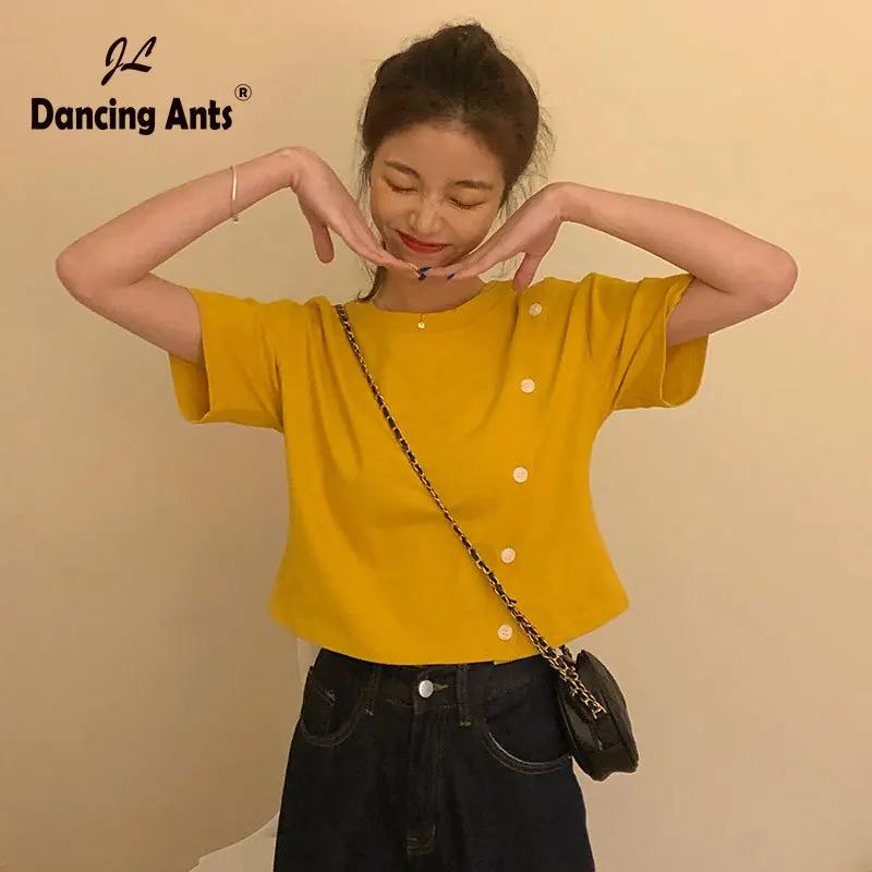 

Woman T-Shirts Short Sleeve O-neck Loose Crop Tops Korean Style Solid Button Off Shoulder High Street Short T-shirt 2020 Summer