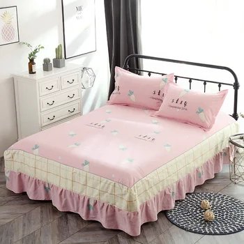 

New flowers print bedspread 100% cotton bed skirt bed sheet bedding bed set full queen king size cartoon pink bed skirt