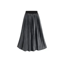 Плиссированные юбки, женские юбки размера плюс, Юбки миди до середины икры, однотонные золотые бархатные юбки для OL, юбки