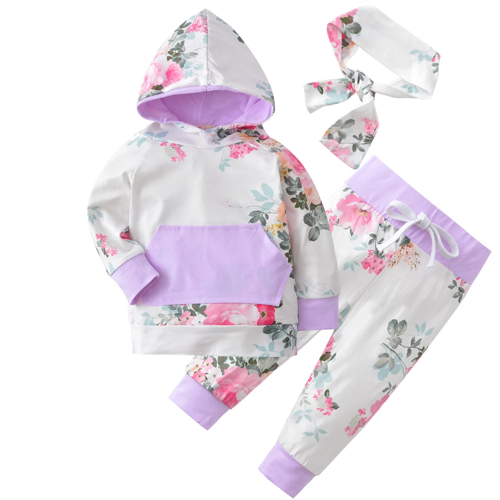 Модные комплекты одежды для маленьких девочек футболка с длинными рукавами и капюшоном с цветочным рисунком+ штаны+ повязка на голову для новорожденных, комплект из 3 предметов, Одежда для младенцев - Цвет: Фиолетовый