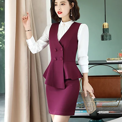 Wine Skirt Suits Женский комплект 2 шт. костюм с юбкой офисная форма дизайн красное вино синий черный белый женский пиджак без рукавов Блейзер и юбка Размер S-4XL - Цвет: Wine Skirt Suits