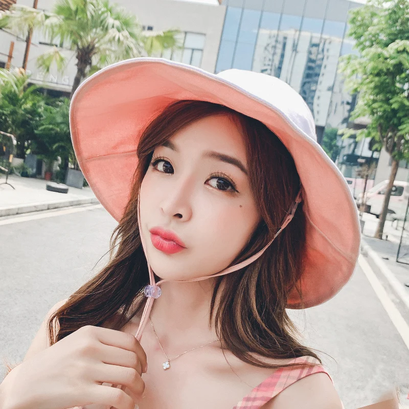 Wide Brim Cotton Bucket Hat Reversible for Women Summer Hiking Anti-sunburn White Fisherman Caps Ladies Fashion Pink Bucket Hat