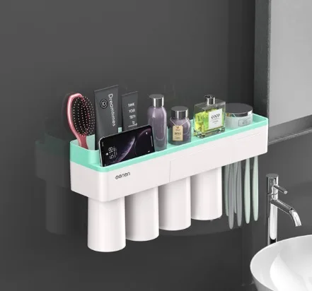 4 Cups Green Топ продаж, держатель для зубных щеток, автоматический диспенсер для зубной пасты с чашкой, настенный стеллаж для хранения туалетных принадлежностей, набор аксессуаров для ванной комнаты - Цвет: 4 Cups Green