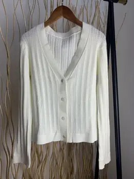 

Women Sweater New Women's Solid Color Long Sleeve Slim Short V-neck Hollow Knit Cardigan